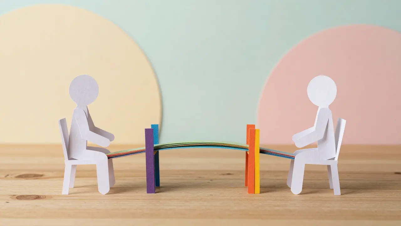 Papírová ilustrace dvou postav spojených barevným mostem, symbolizujícím stabilní vztah.