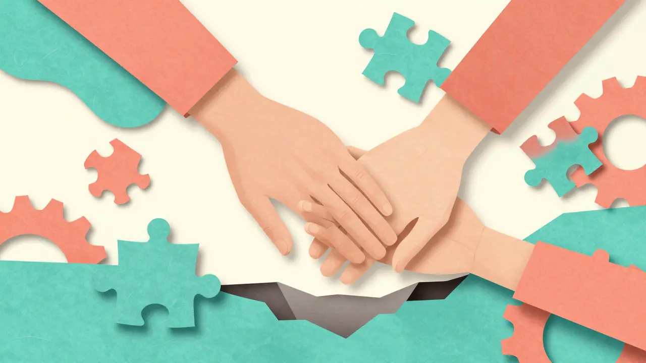 Papírová ilustrace dvou rukou symbolizující pomoc a obnovu života po krizi.