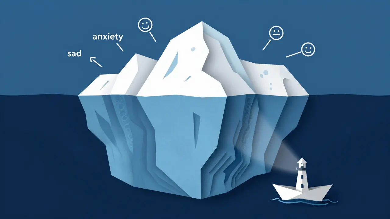 Papírová ilustrace ledovce znázornující povrchové symptomy a hlubinné příčiny.