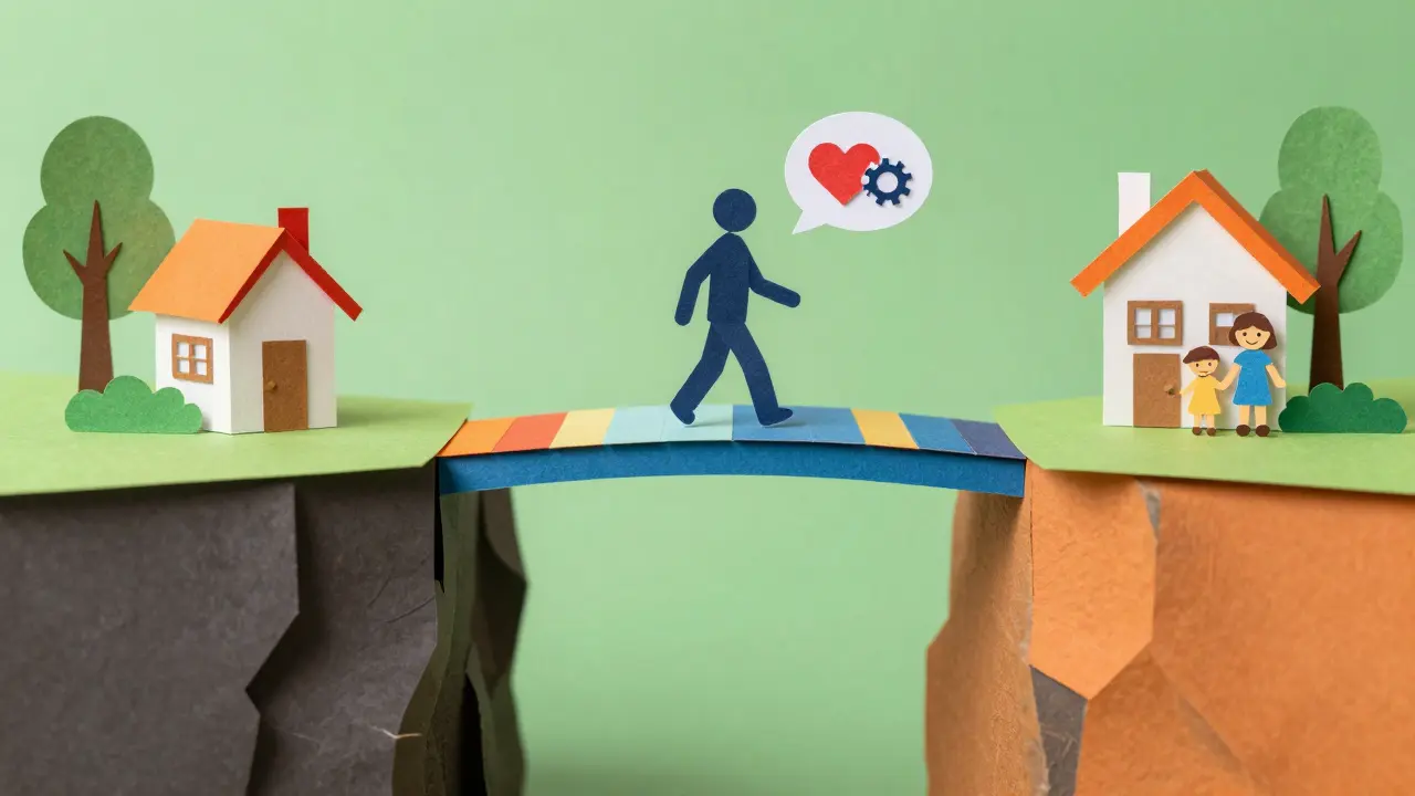 Papírová ilustrace mostu vedoucího od závislosti k plnohodnotnému životu.