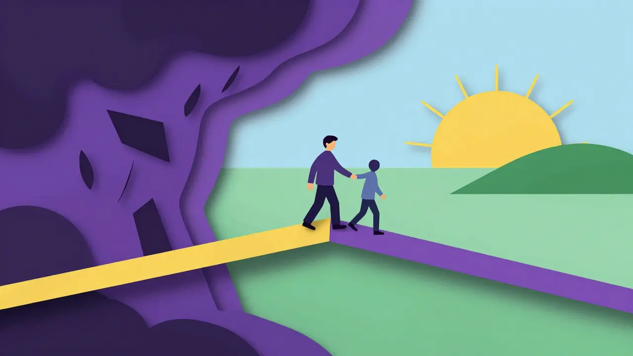 Papírová ilustrace mostu vedoucího z chaosu relapsu do klidné a stabilní budoucnosti.