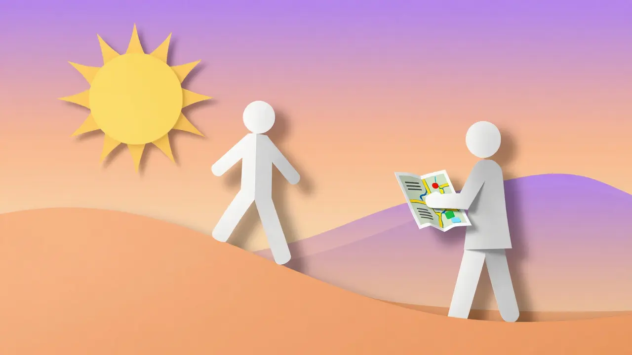 Papírová ilustrace osoby na cestě k cíli s terapeutem jako průvodcem s mapou v ruce.