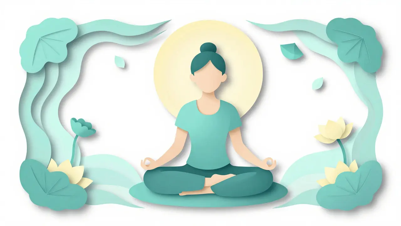 Papírová ilustrace osoby při meditaci v uklidňujícím prostředí.