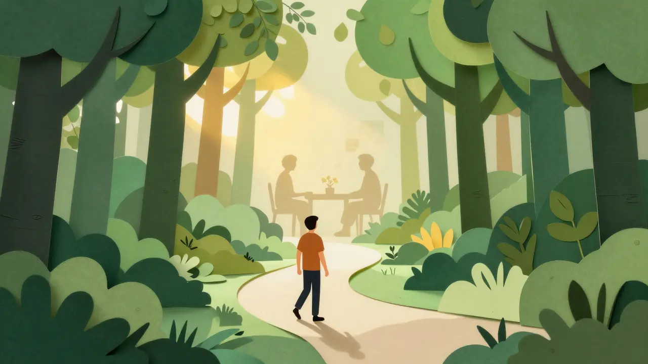 Papírová ilustrace osoby procházející lesem, symbolizující cestu k duševnímu zdraví.
