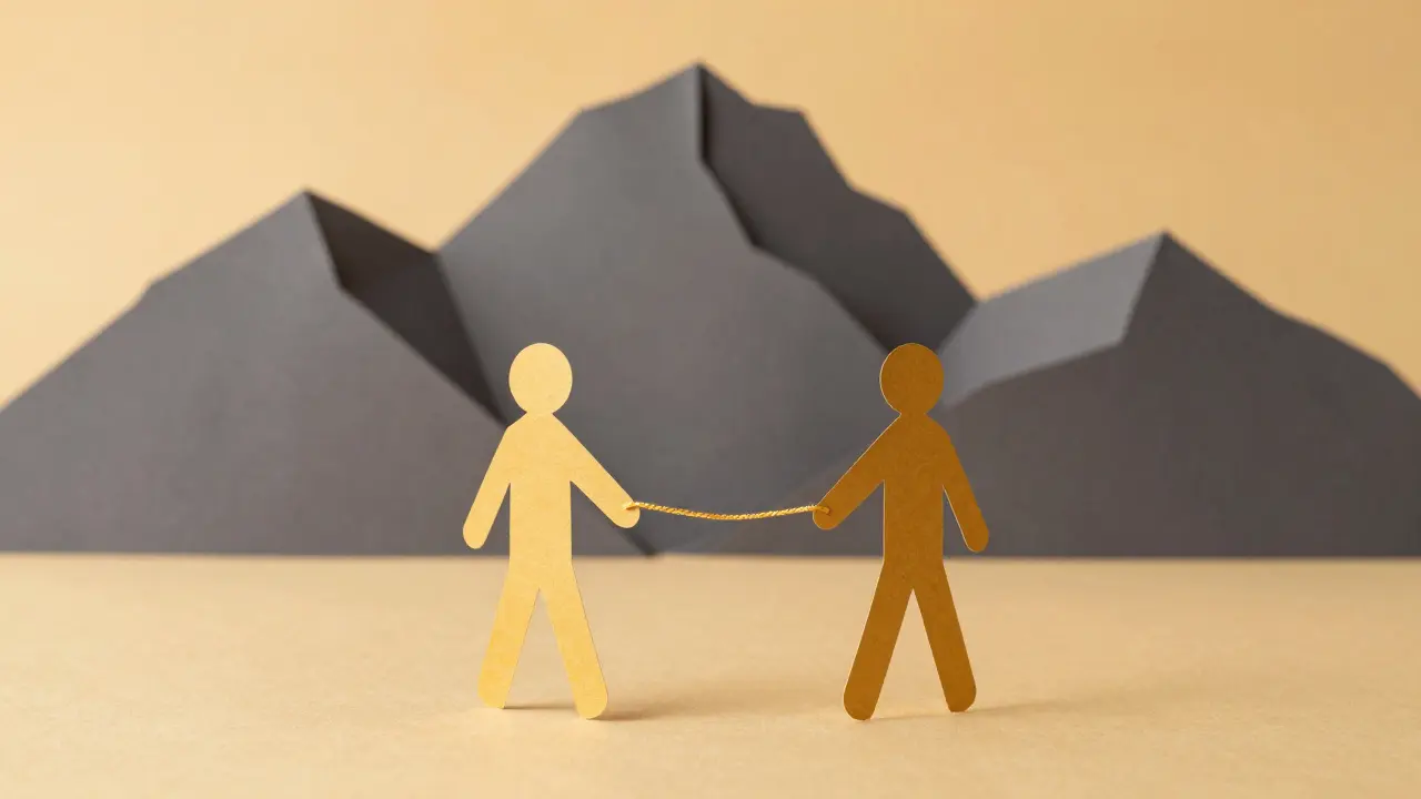 Papírová ilustrace páru, který společně čelí velké překážce, symbolizující tým.