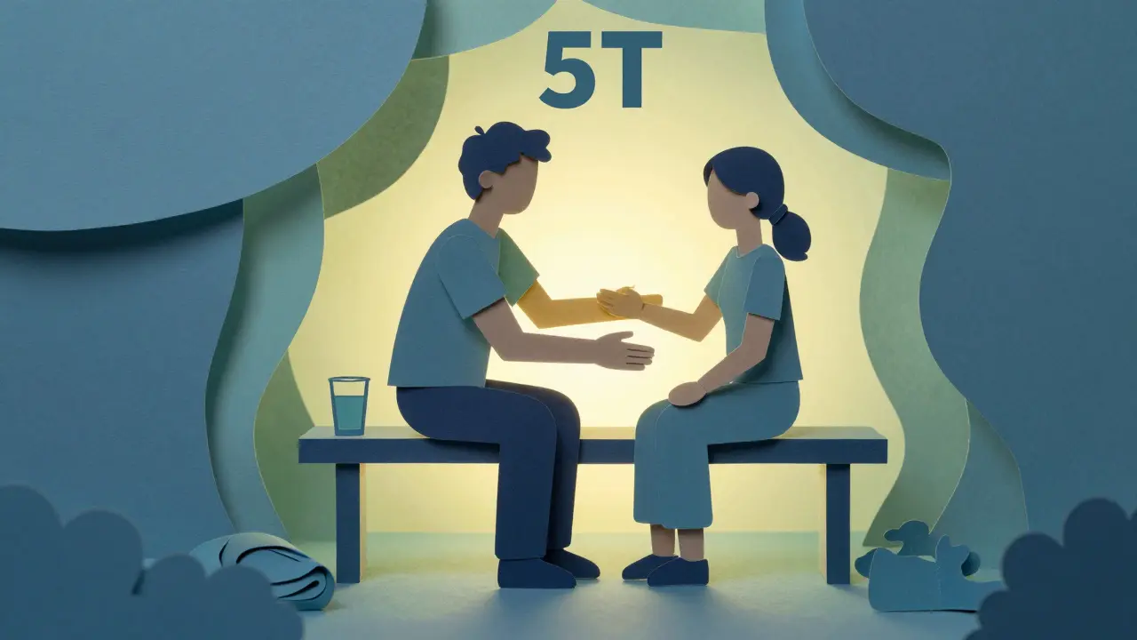 Papírová ilustrace podpory a péče, včetně podání vody a fyzického opory.