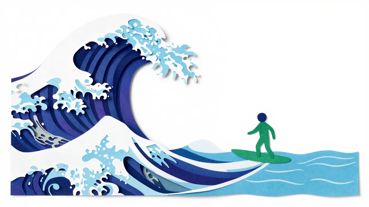 Papírová ilustrace srovnávající obrovskou vlnu emocí s malým, zvladatelným vlněním.