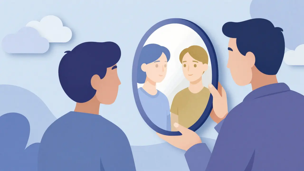 Papírová ilustrace terapeuta držícího zrcadlo, v němž se klient vidí skutečným.