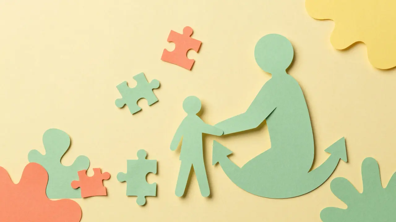 Papírová ilustrace terapeuta jako stabilní opory pro klienta v procesu učení.