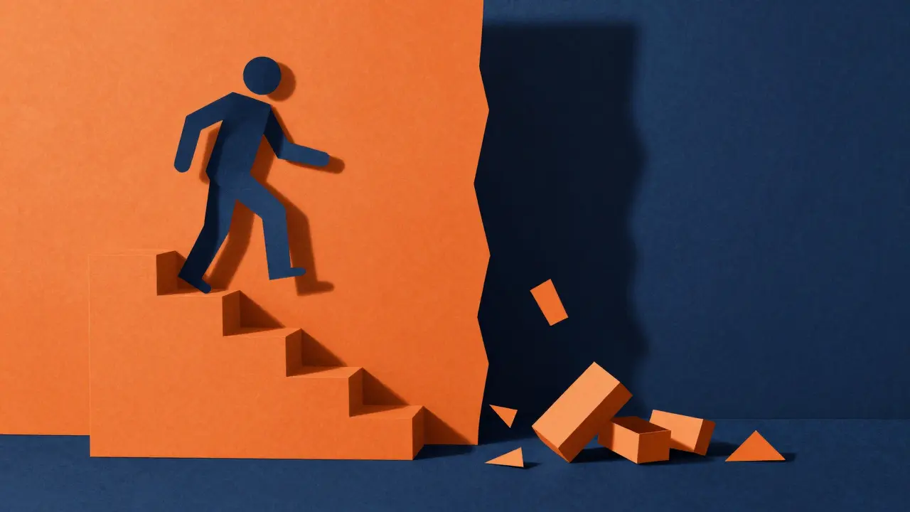 Papírová ilustrace ukazující pozitivní růst versus riziko ztráty stability během pauzy.