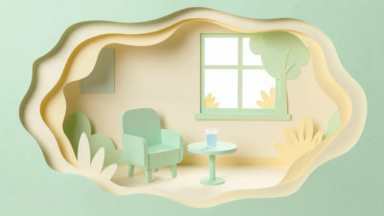 Papírová ilustrace uklidňujícího a bezpečného prostředí v nemocniční lůžkovém oddělení.