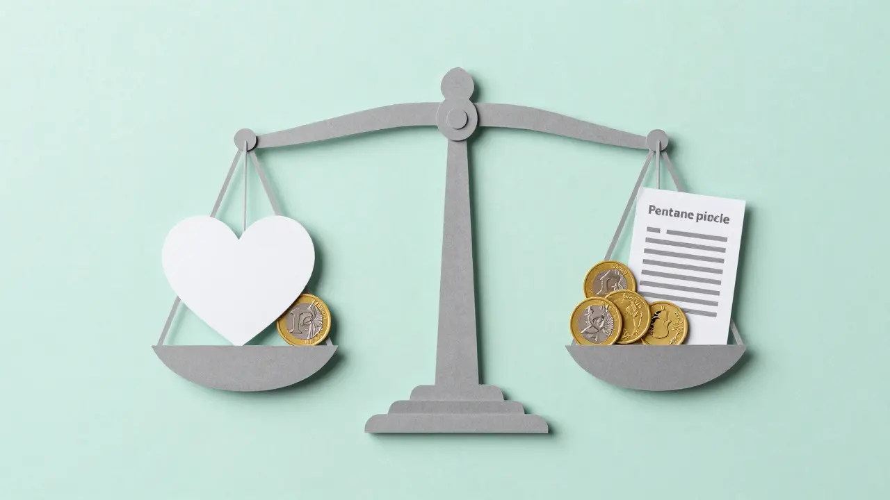 Papírová ilustrace váhy vyvažující duševní zdraví a finanční příspěvek pojišťovny.