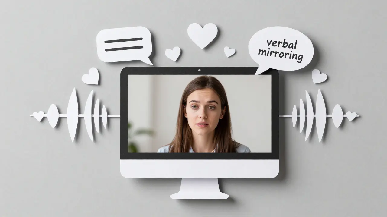 Papírová ilustrace videohovoru s terapeutem s prvky symbolizujícími aktivní naslouchání.