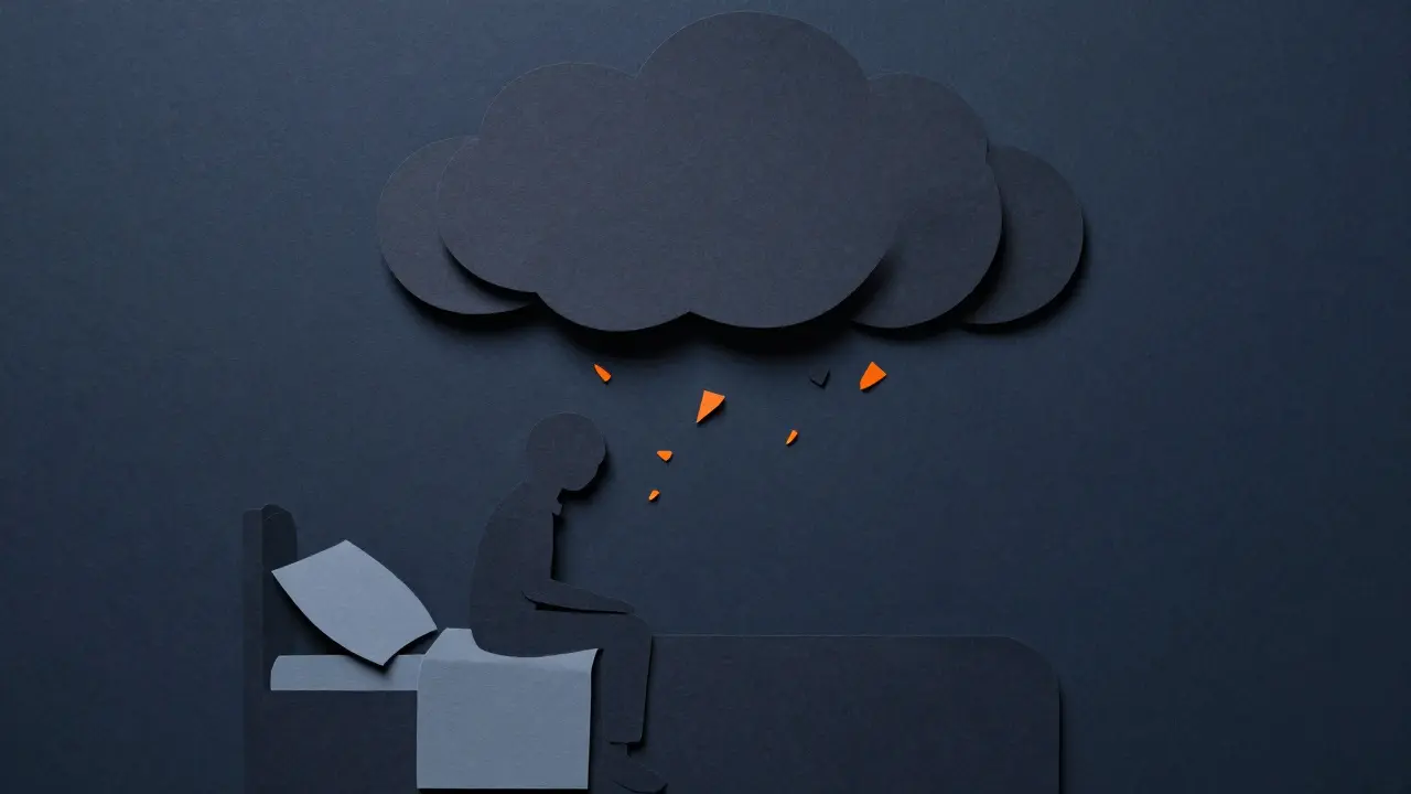 Papírový výřez osoby pod těžkým šedým mrakem deprese s ostrými oranžovými úlomky symbolizujícími trauma.