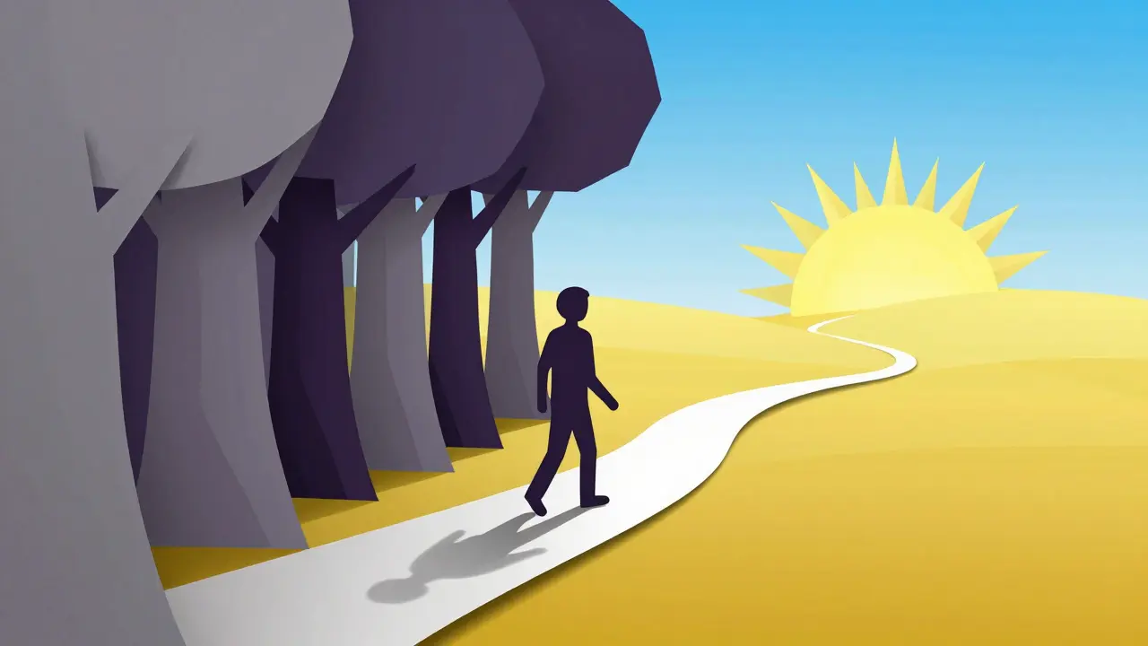 Postava kráčející po cestě z temného lesa do světlého pole, symbolizující cestu k uzdravení.