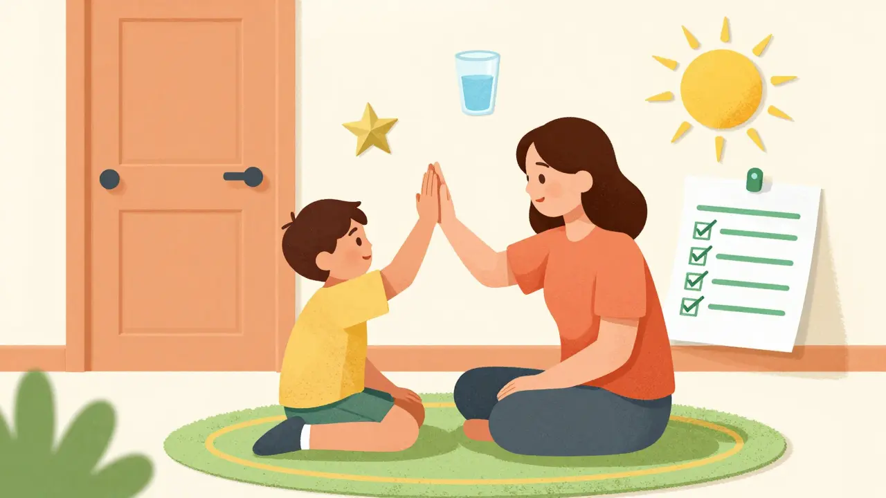 Rodič a dítě se radostně objímají u tabule s úspěchy, papírový střih.