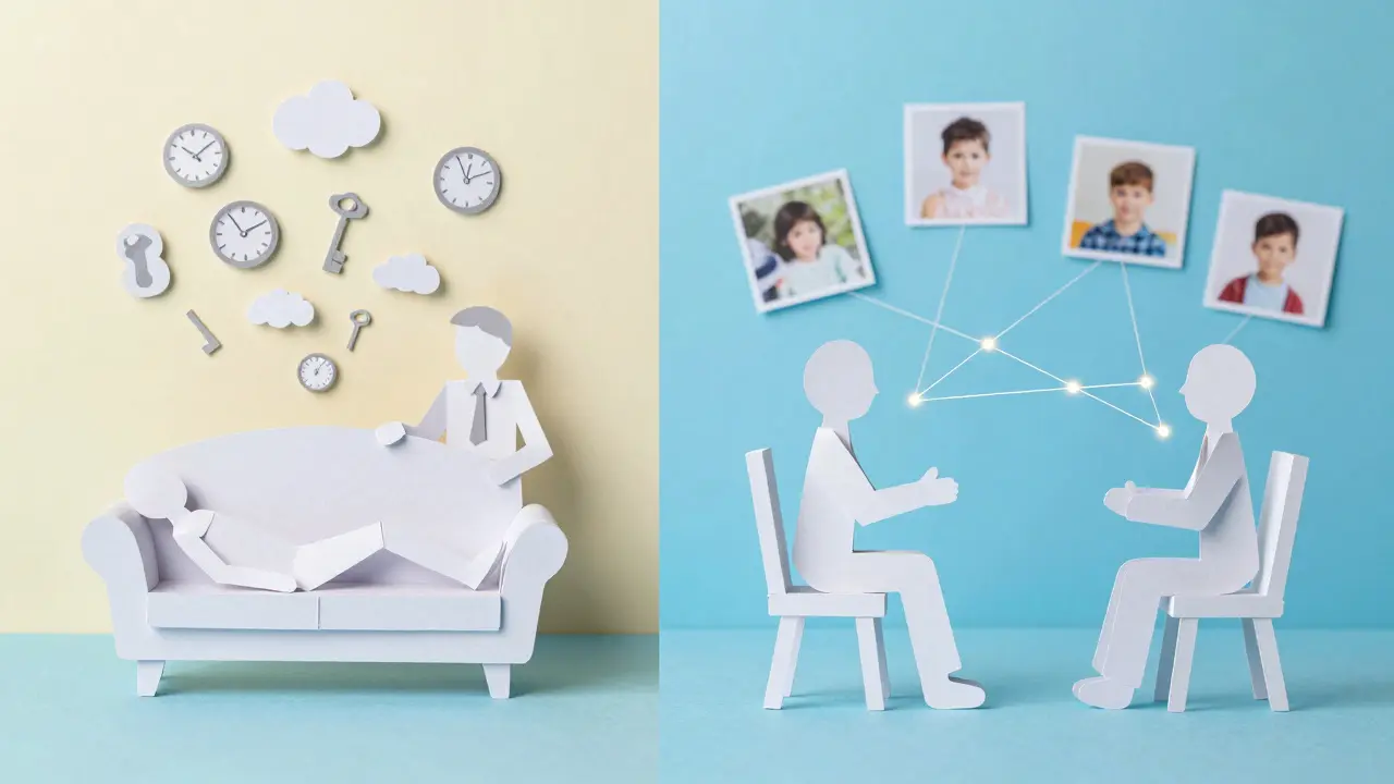 Srovnání psychoanalýzy a psychodynamické terapie v stylu papírových výřezů.