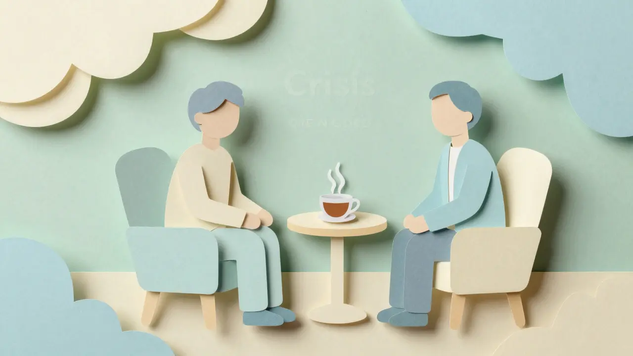 Stylizovaná ilustrace rozhovoru s odborníkem v útulném a klidném prostředí krizového centra.