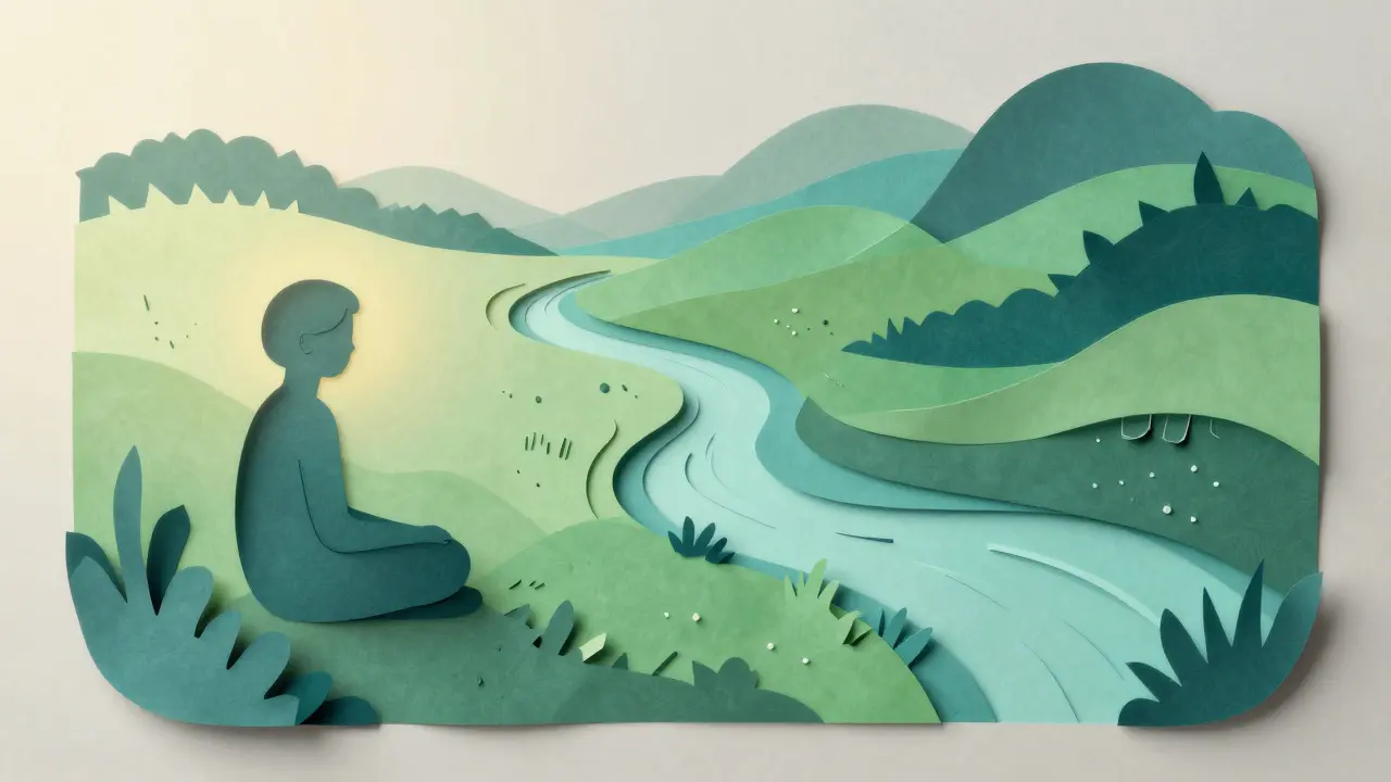 Ilustrace terapie KIP: přeměna stresu na klidné přírodní tvary