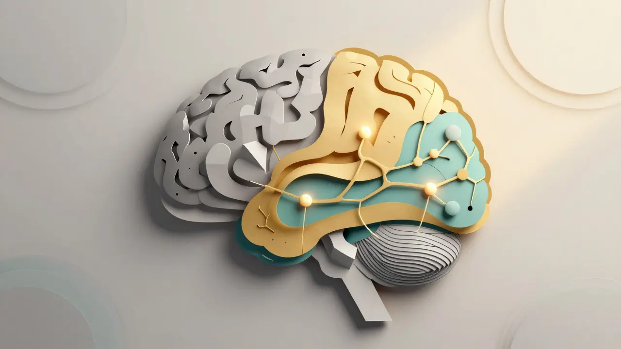 Ilustrace z papíru ukazující přechod mozku od rigidních struktur k novým neuronovým spojením.