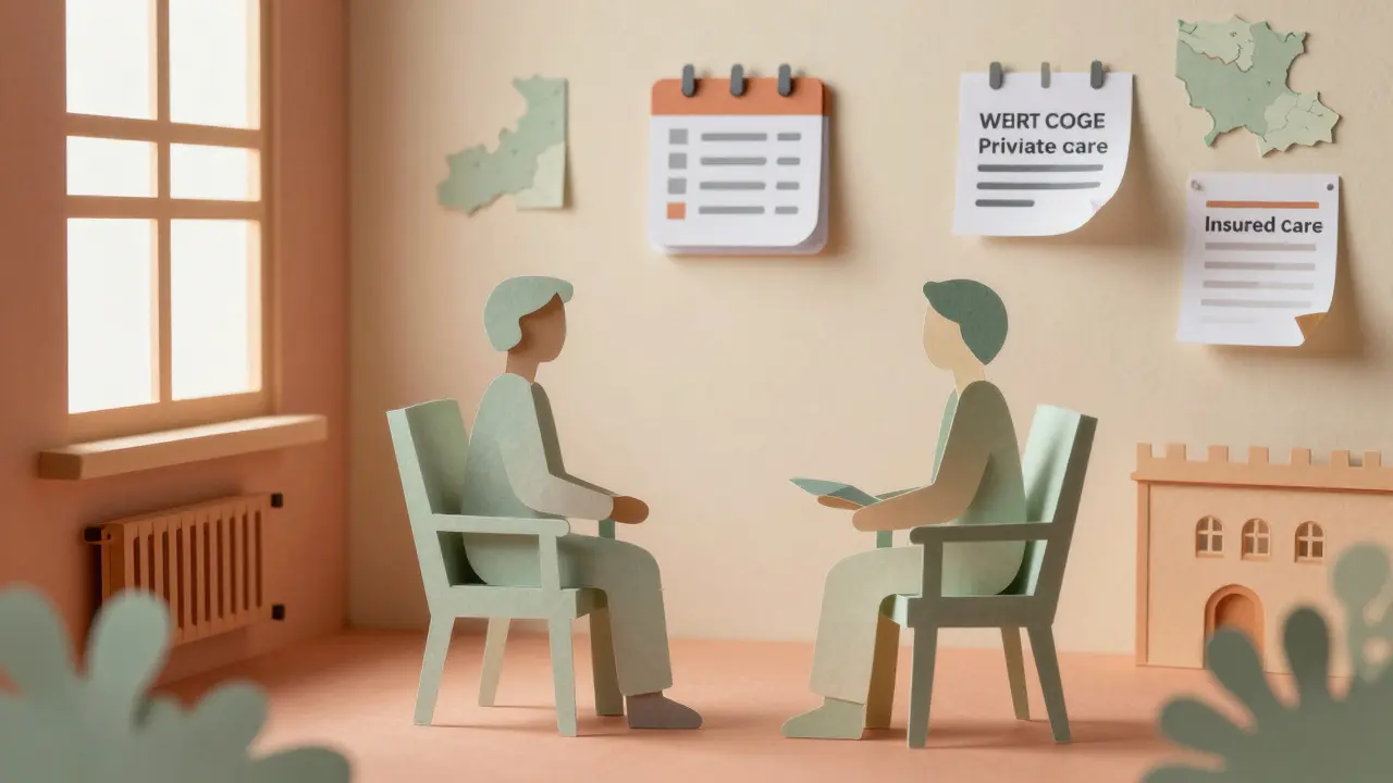 Ilustrace z papíru znázorňující terapii a rozdíl v dostupnosti termínů pro pacienty.