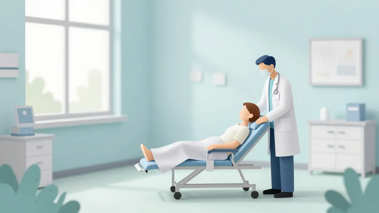 Papírová ilustrace klidné klinické místnosti s pacientem a terapeuti během terapie.
