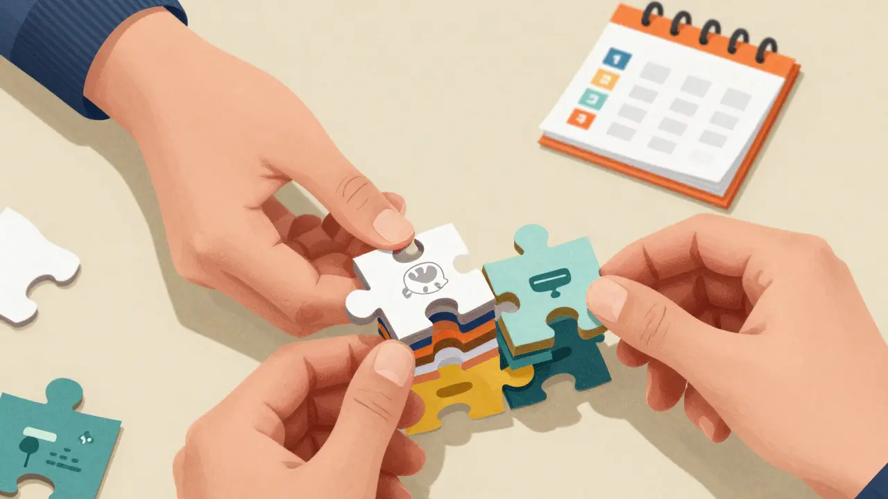 Papírová ilustrace: ruce skládají puzzle životních dovedností jako rozpočet a komunikace.