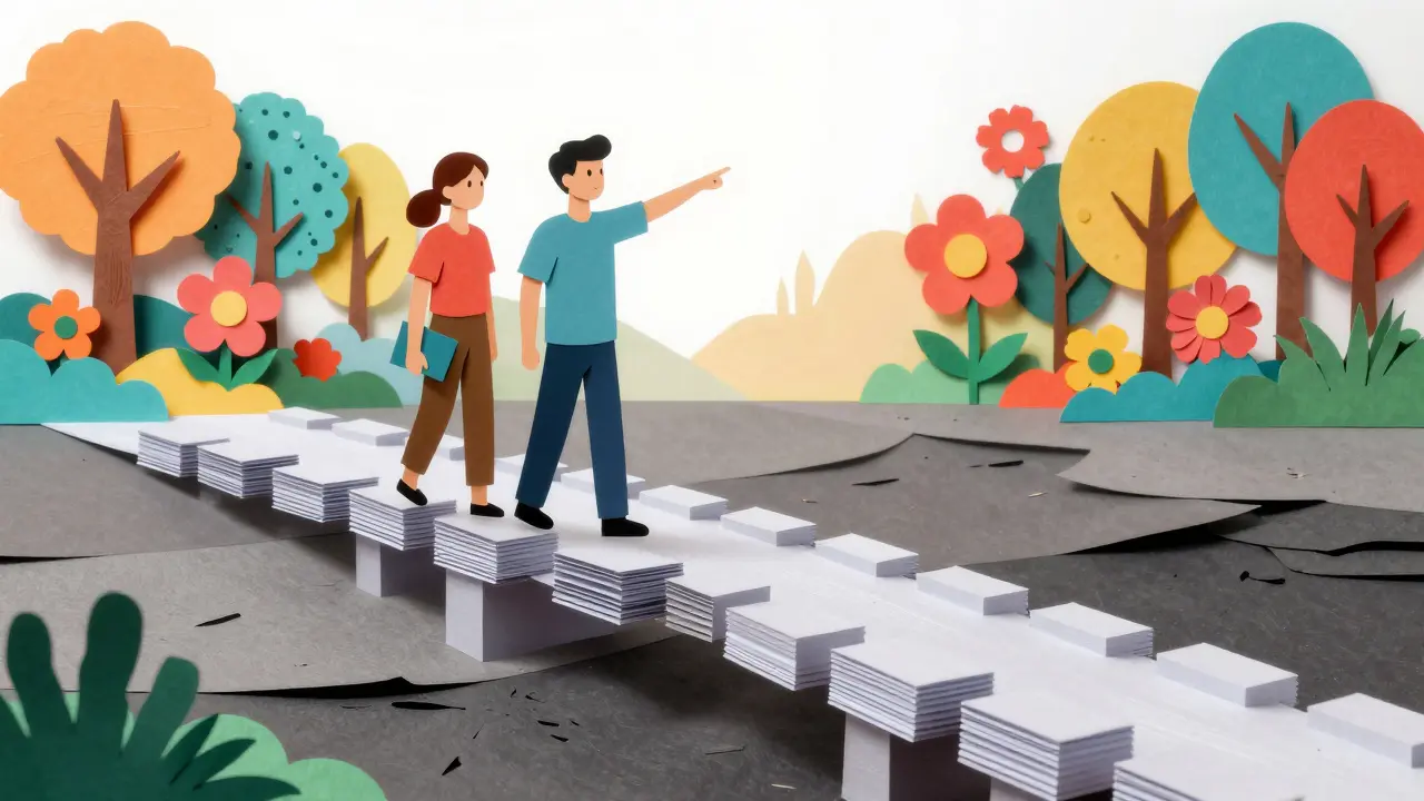 Peer worker a klient na mostě směřujícím k barevnému horizontu naděje