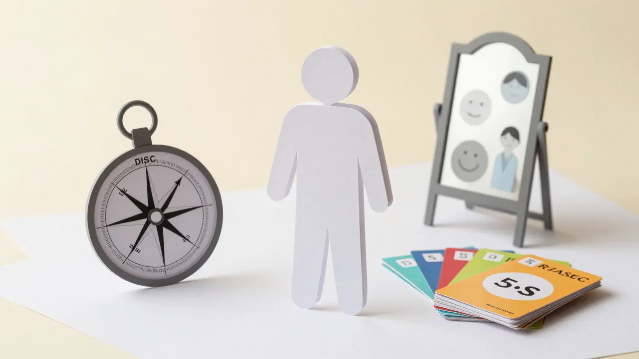 Ilustrace z vystřiženého papíru zobrazující nástroje pro diagnostiku osobnosti