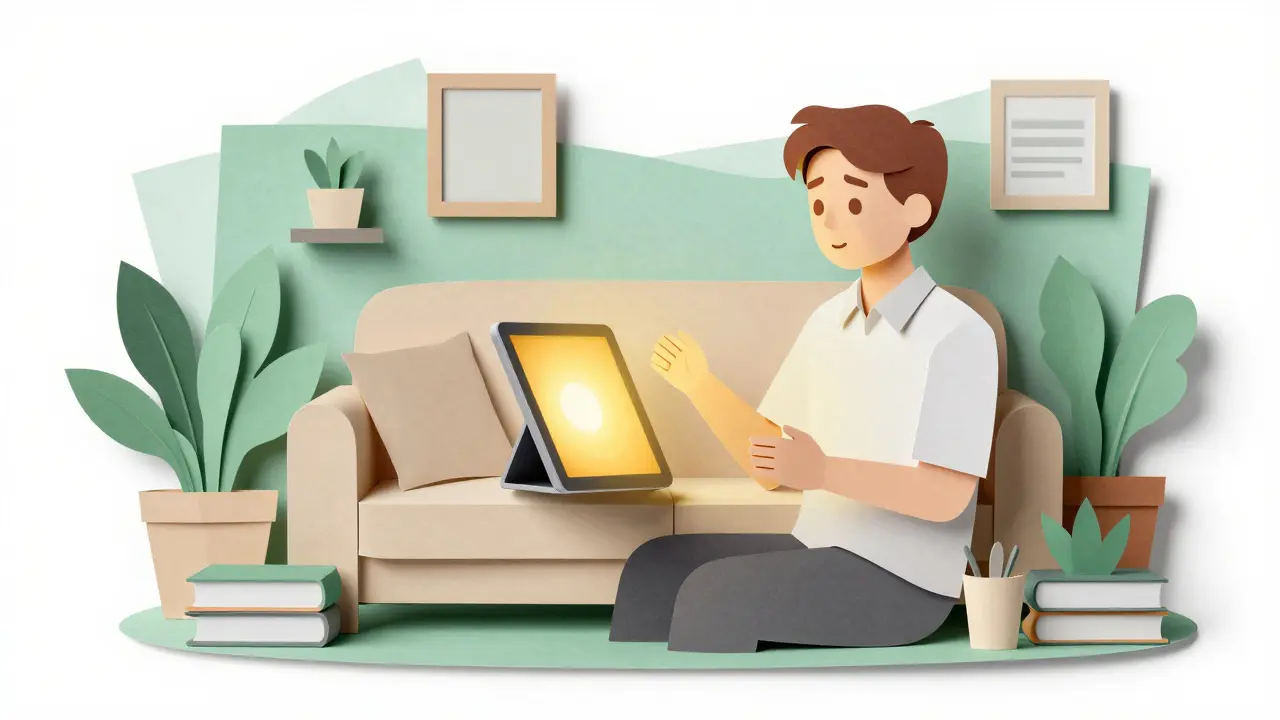 Papírová ilustrace: mladý člověk na online terapii v pohodlí domova