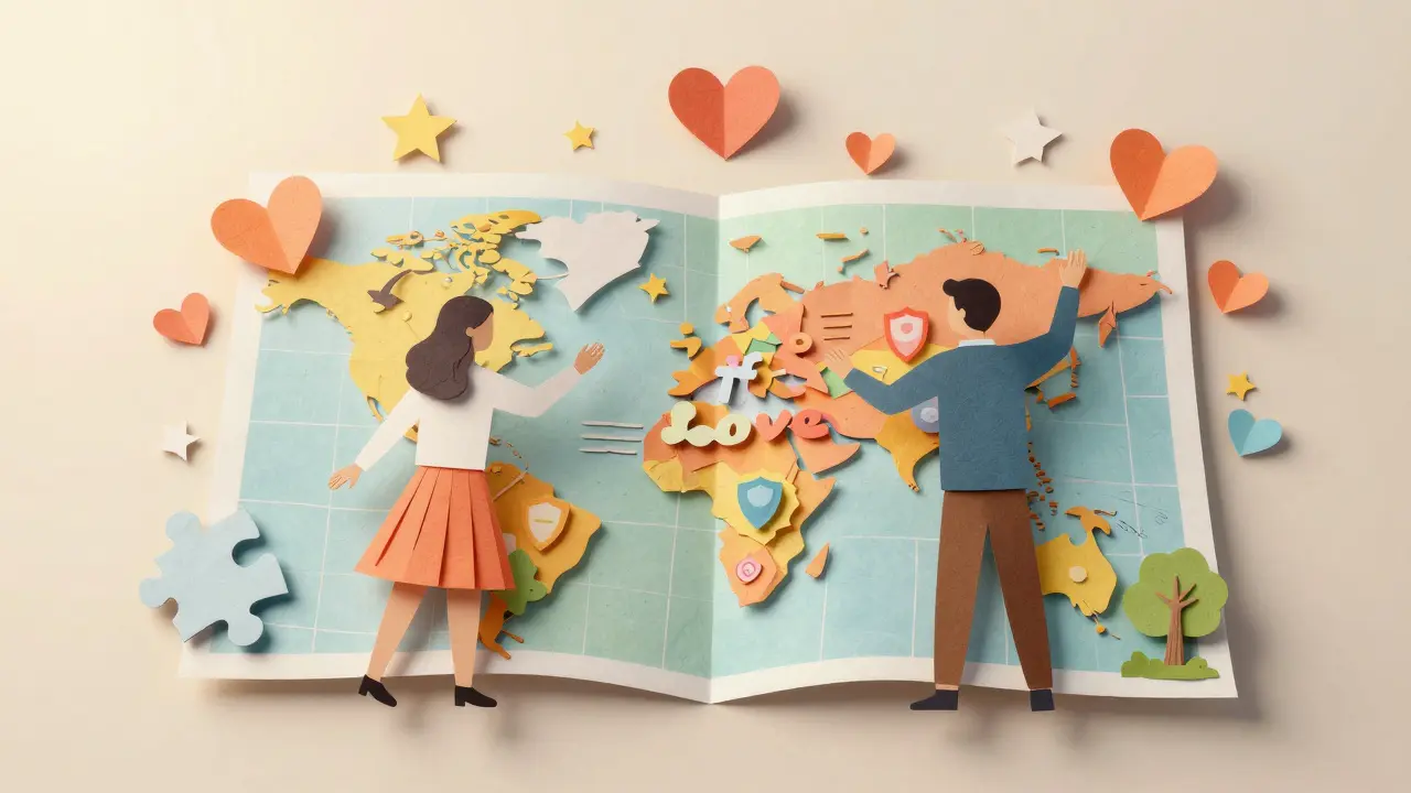 Pár budující mapu lásky z barevných papírových vrstev v ilustrativním stylu