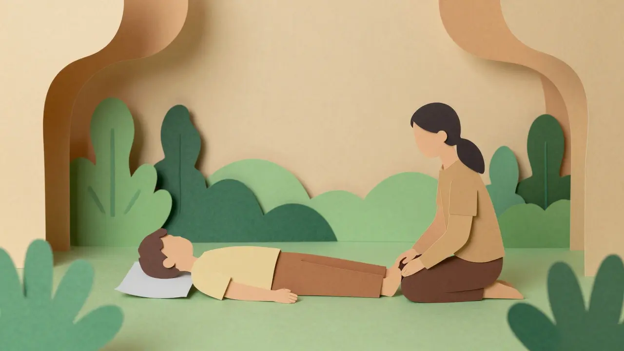 Ilustrace z vystřiženého papíru ukazující terapeuta podporujícího klienta v bezpečném prostředí.