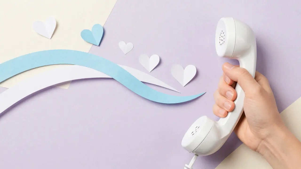 Papírová ilustrace: Telefonní hovor na krizovou linku a emocionální podpora