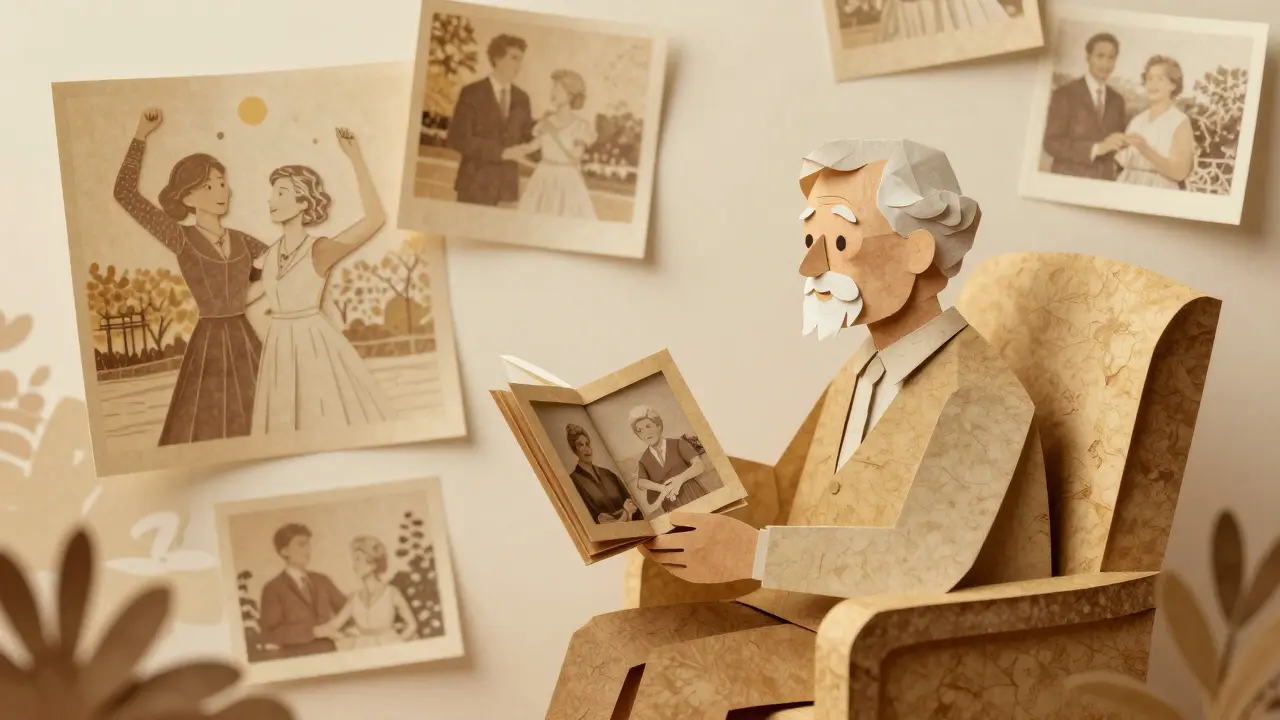 Senior prohlíží fotoalbum v teplém světle vzpomínek