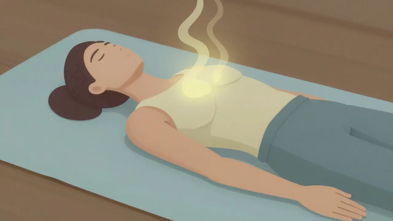 Ilustrace progresivní svalové relaxace s vrstveným tělem a měkkým světlem