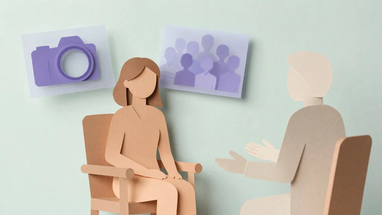 Ilustrace z papíru ukazující klientku objevující vnitřní sílu pomocí metafor