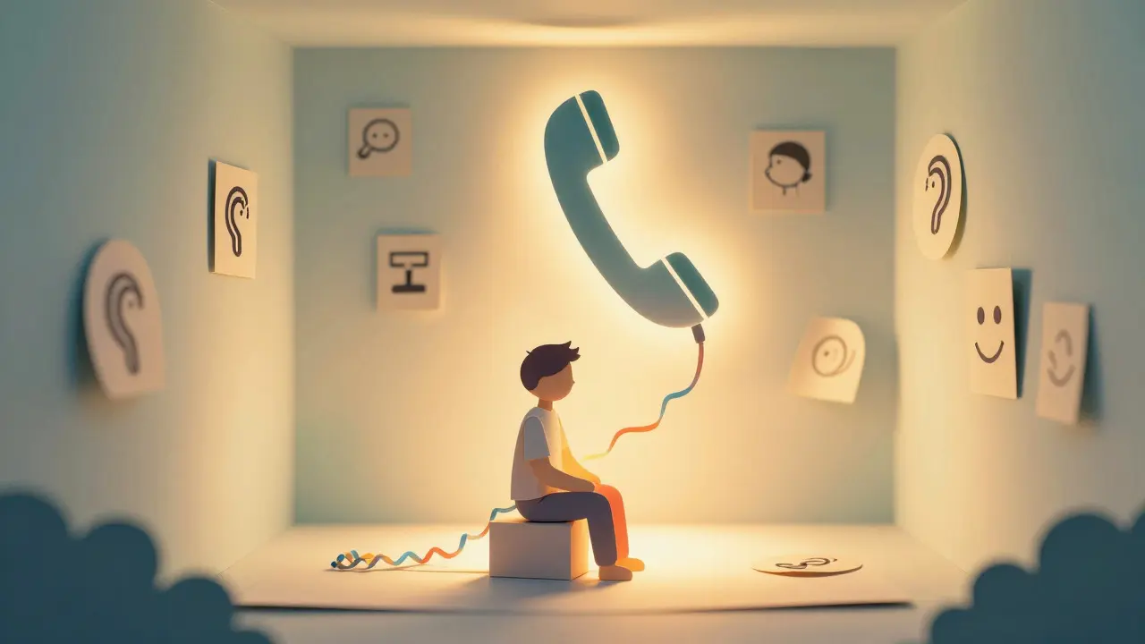Papírová ilustrace: telefonní linka jako záchranná lana pro klienta