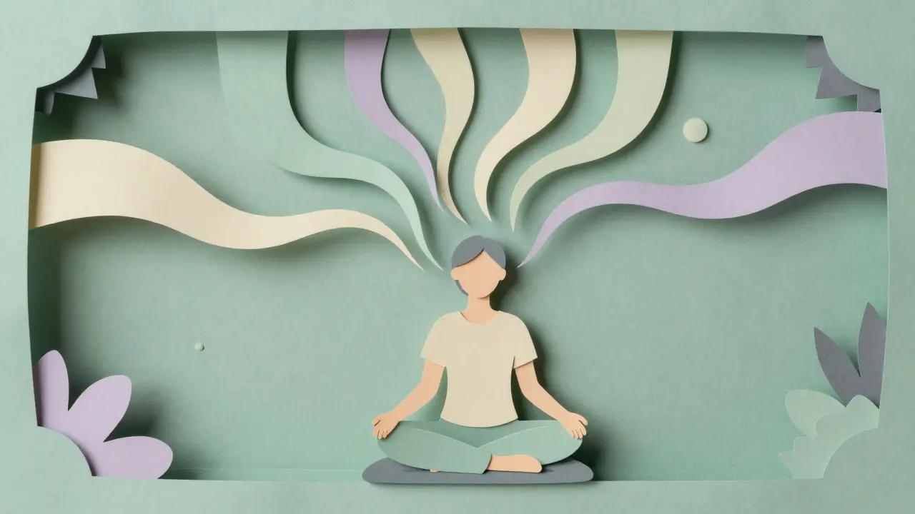 Person practicing breathing exercises surrounded by calming paper ribbons