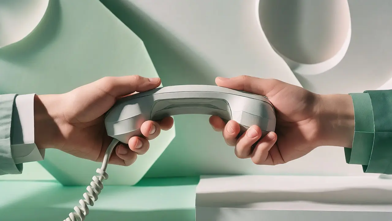 Dvě ruce držící sluchátko telefonu jako most mezi lidmi v ilustraci z řezaného papíru.