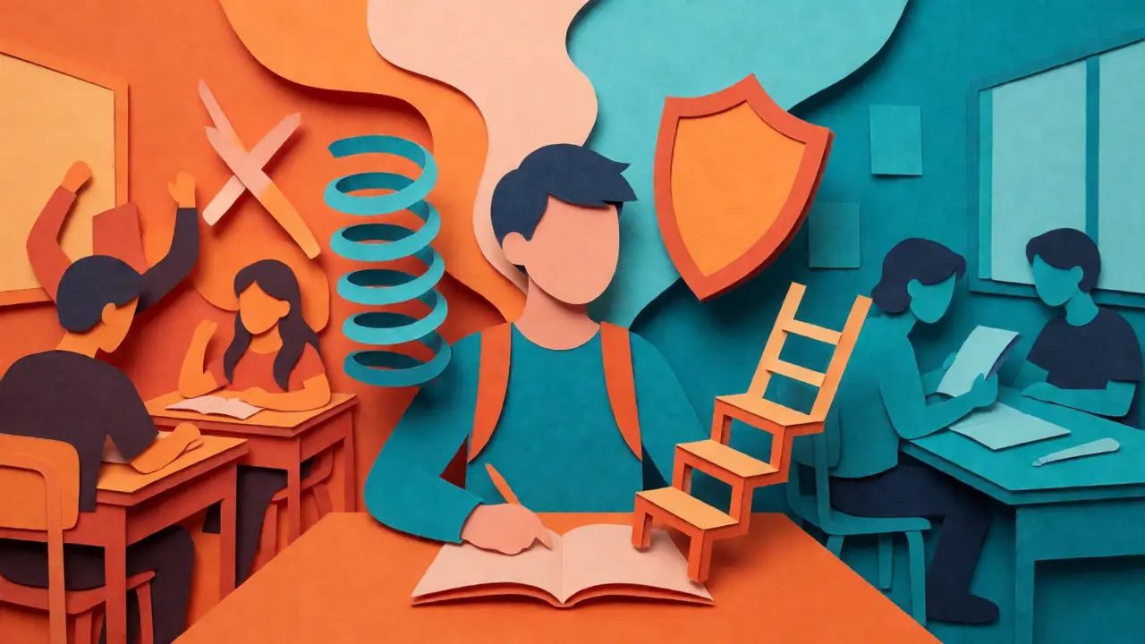 Ilustrace kognitivních dovedností pro studenty s ADHD ve stylu řezaného papíru
