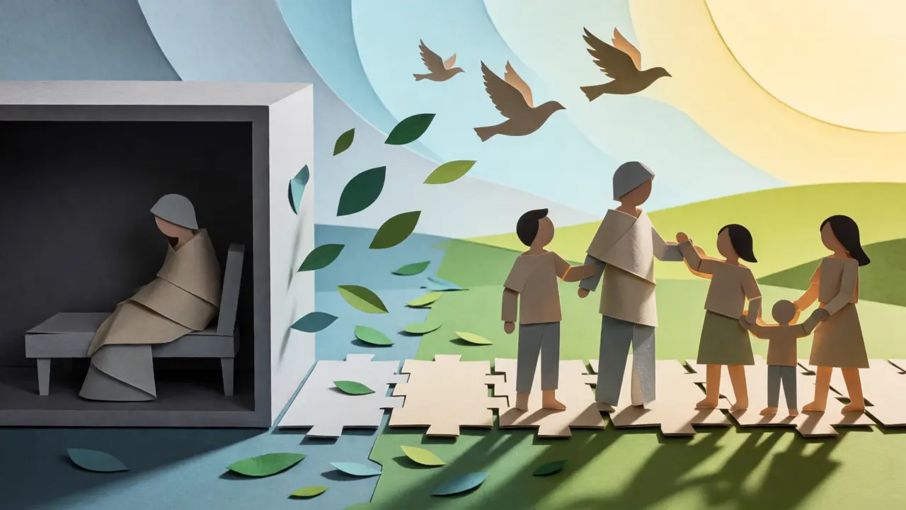Ilustrace stříhaného papíru zobrazující cestu pacienta z nemocnice zpět do života s rodinou.