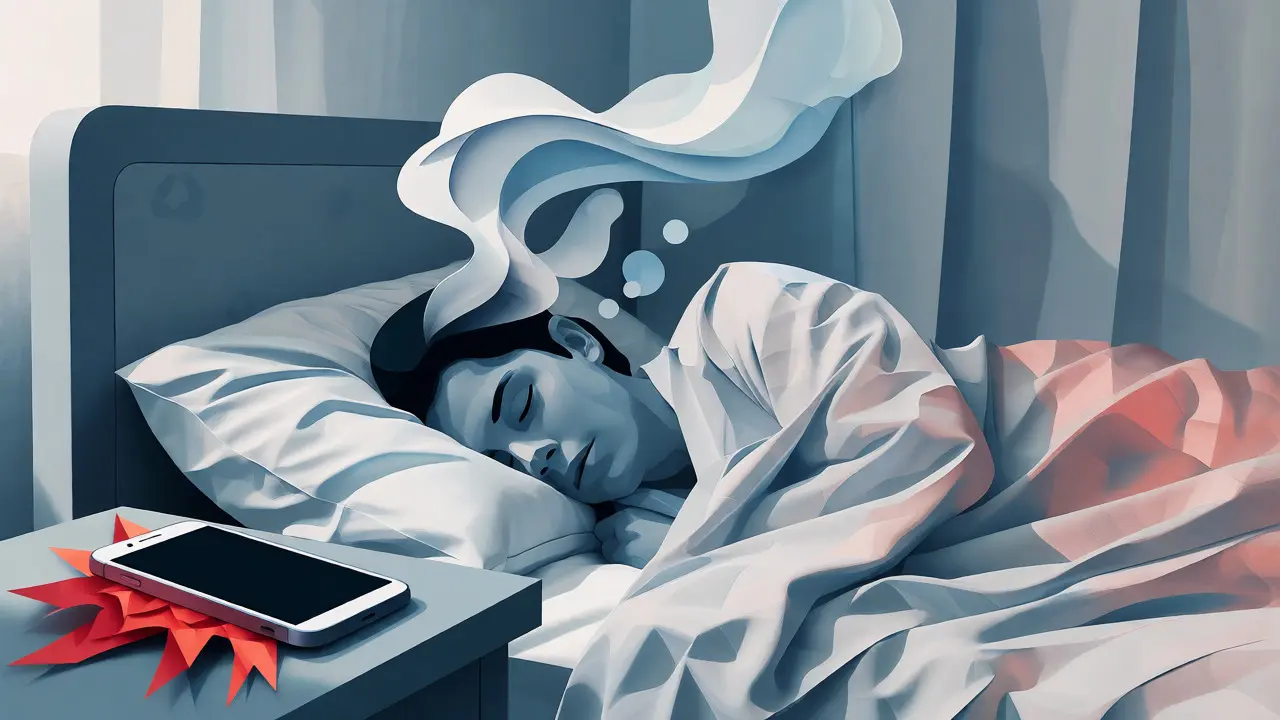 Ilustrace střiženého papíru: klidný spánek s odloženým telefonem a abstraktními sny.