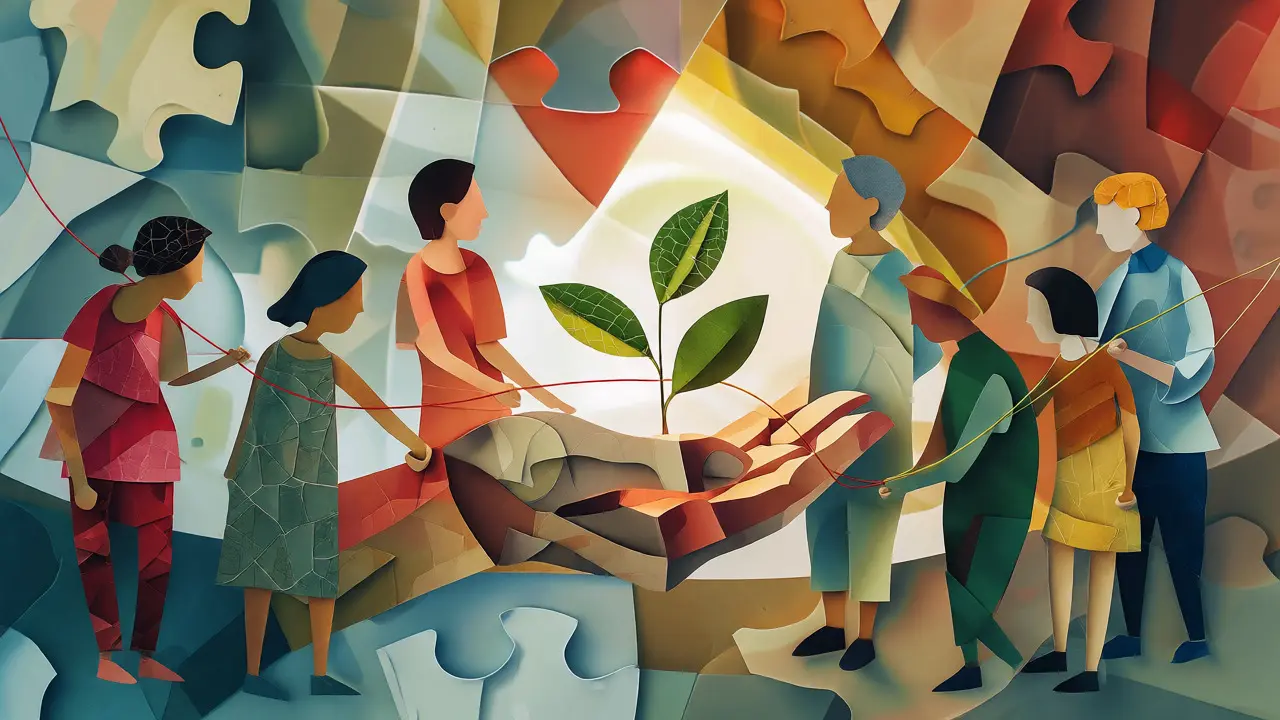 Konceptuální ilustrace inkluzivní podpory a komunity kolem klienta v péči.