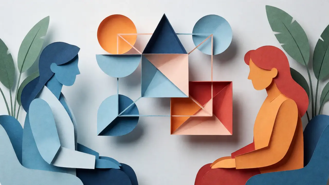 Scéna terapie z řezaného papíru se dvěma postavami a propojenými geometrickými tvary.