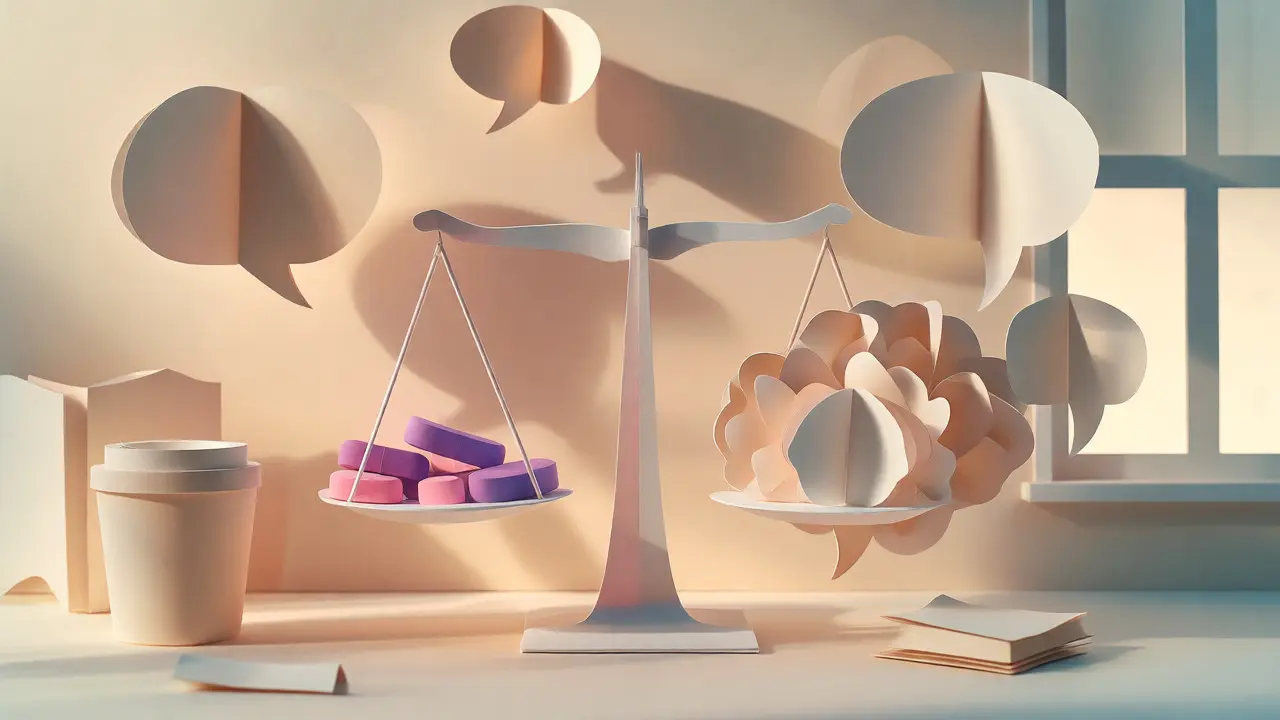 Vyvážená váha mezi léky a psychoterapií v ilustraci
