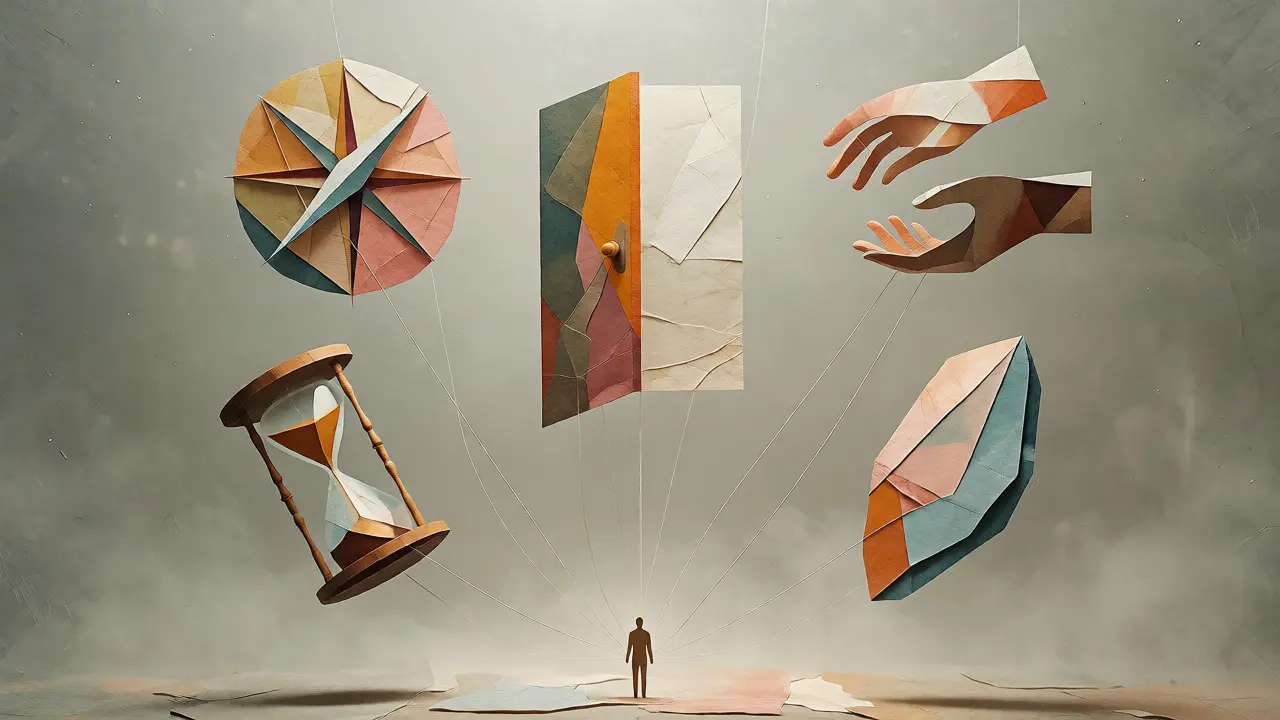 Abstraktní ilustrace pěti existenčních dimenzí jako plovoucích papírových tvarů.