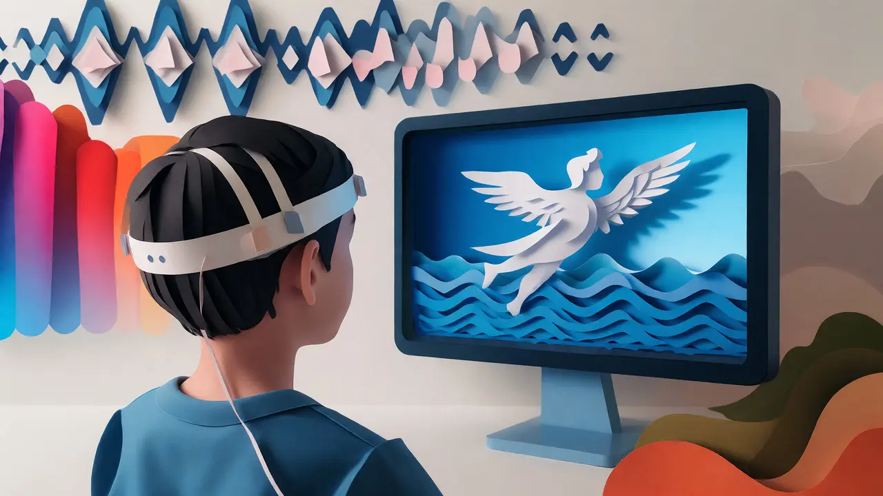 Dítě používající neurofeedback s animací na obrazovce ve stylu řezaného papíru