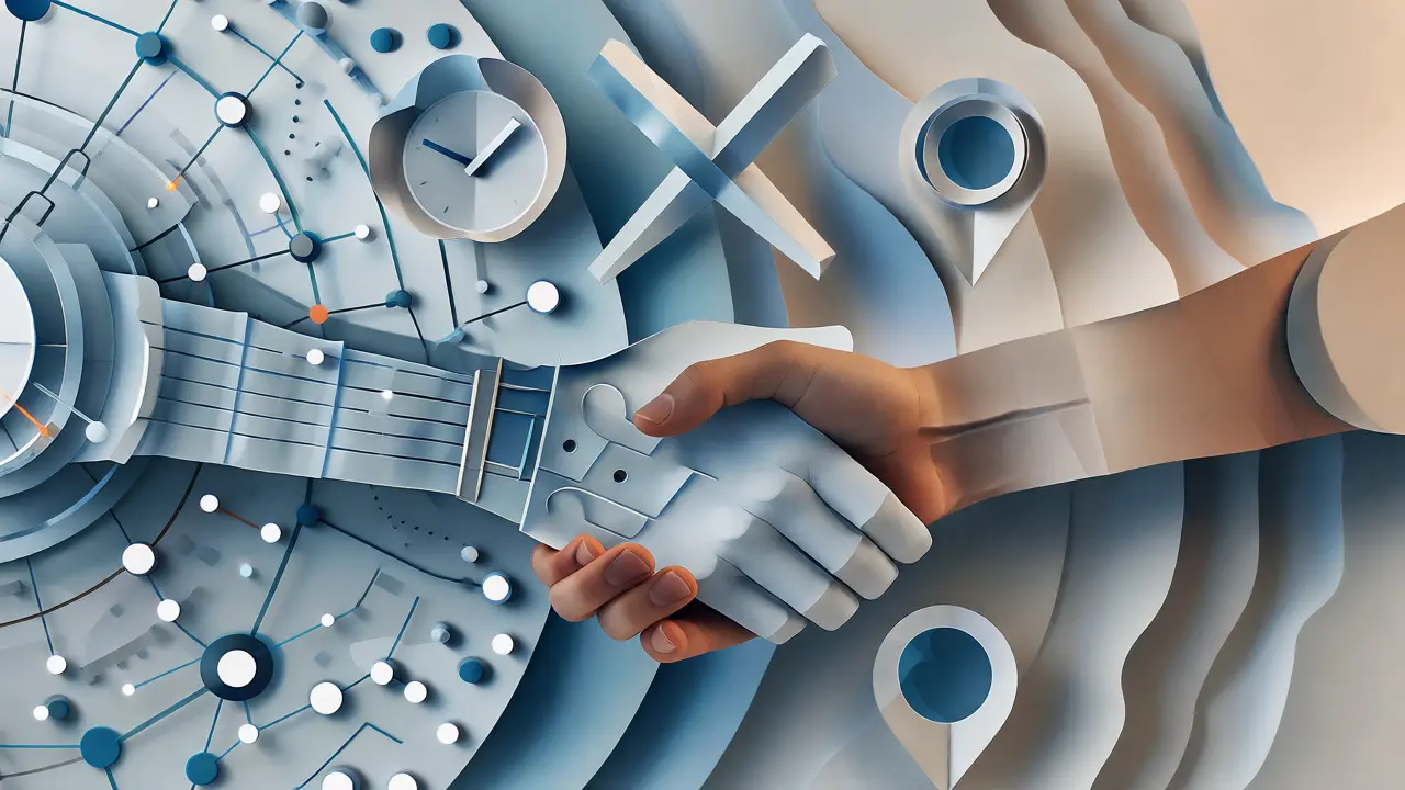 Ilustrace z řezaného papíru znázorňující hybridní model péče o duševní zdraví kombinující technologii a lidský kontakt.