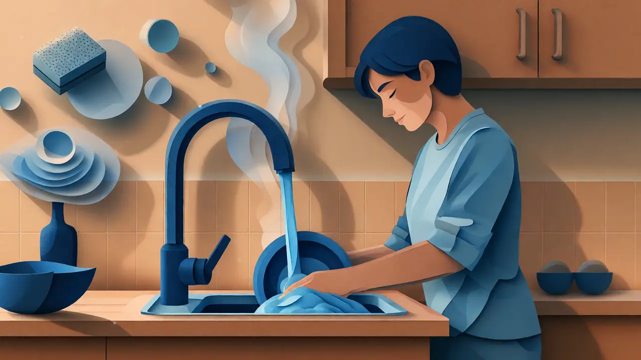 Osoba praktikující všímavost při mytí nádobí v ilustrativním stylu