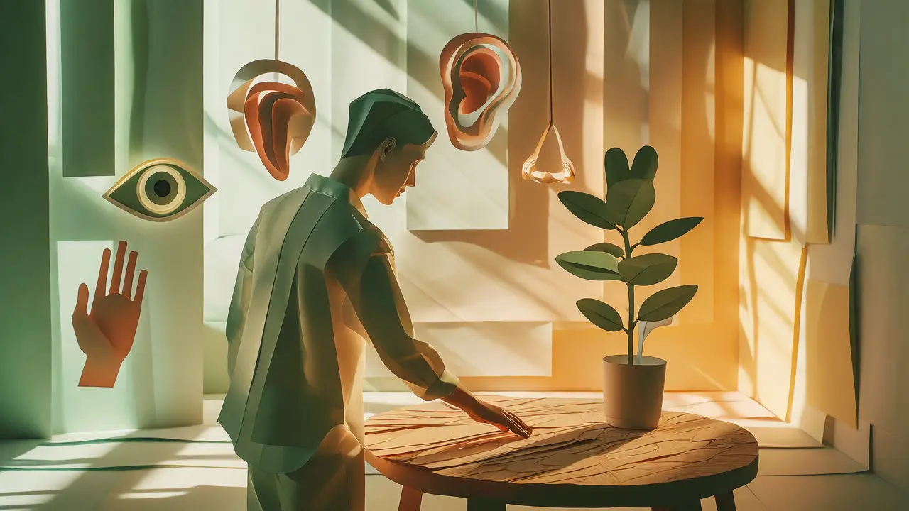 Papírová ilustrace osoby používající uzemňovací techniku dotykem stolu a pohledem na rostlinu.